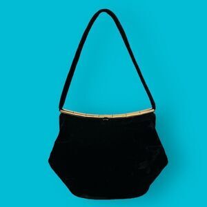 Vintage 1940s Black Velvet Silk & Gold Pentagon Box Purse Art Deco Handbag